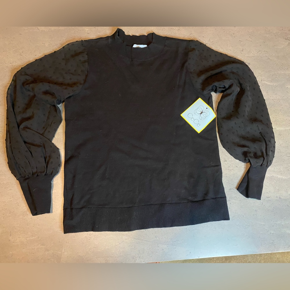 CeCe Black Sweater with Textured Sleeves